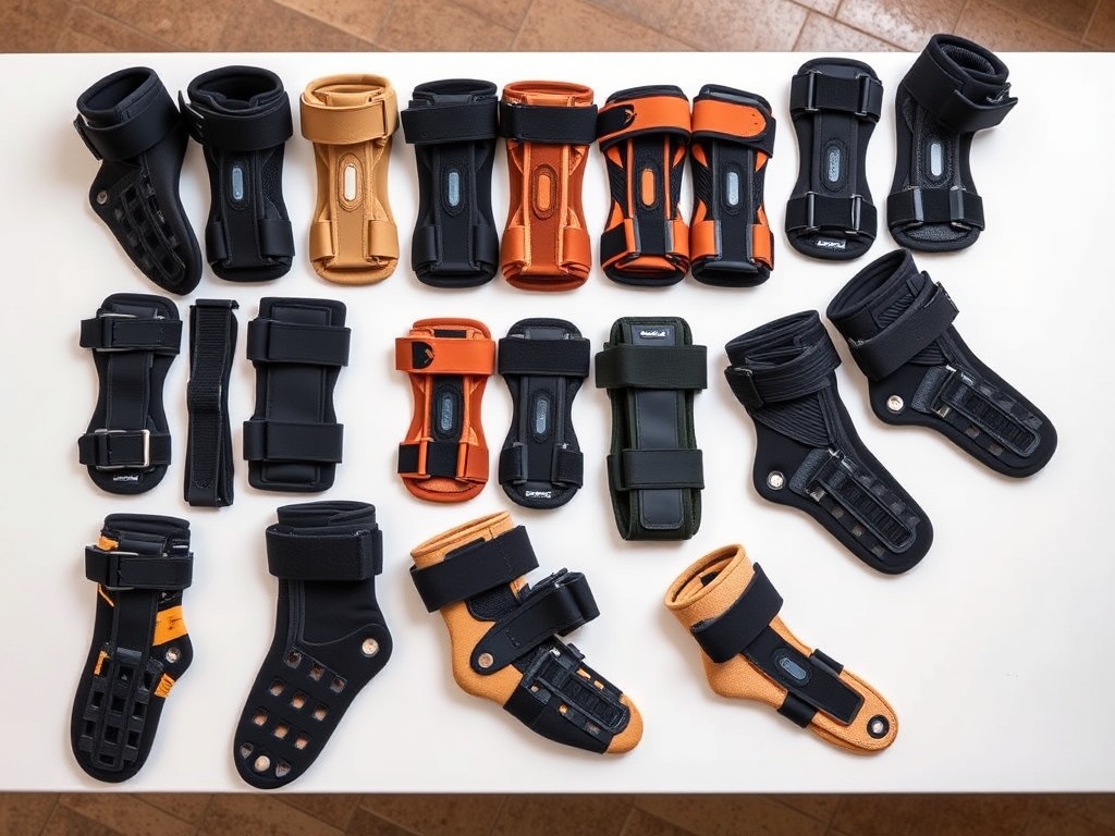 테이블 위에 다양한 종류와 소재의 발목 보호대가 나란히 놓여 있어 형태를 비교하는 장면