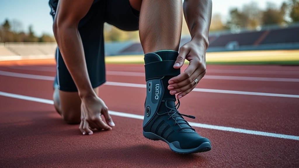 야외 트랙에서 러닝화를 신고 발목 보호대를 착용한 사람이 달리기 전 준비 운동을 하는 모습