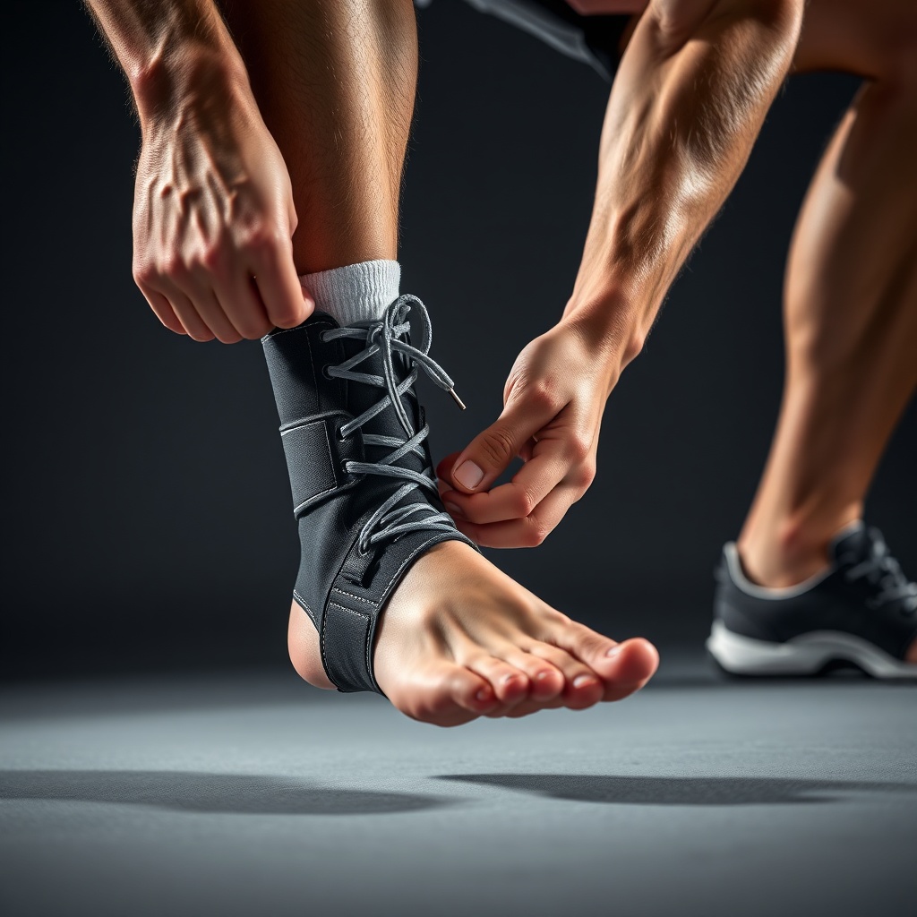 운동 선수가 발목 보호대를 착용하고 훈련에 집중하는 모습
